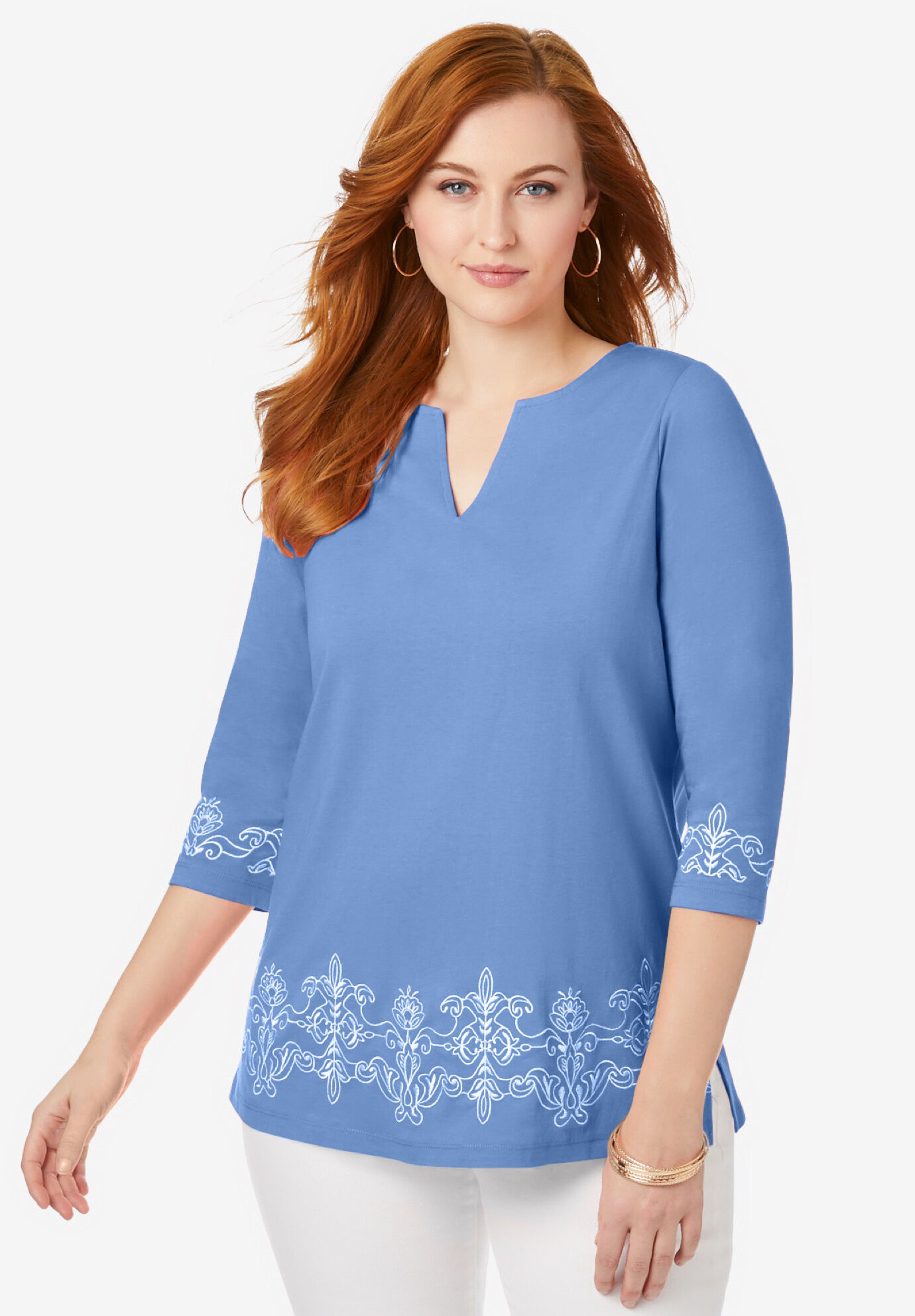 Embroidered Notch Neck Tunic | Catherines