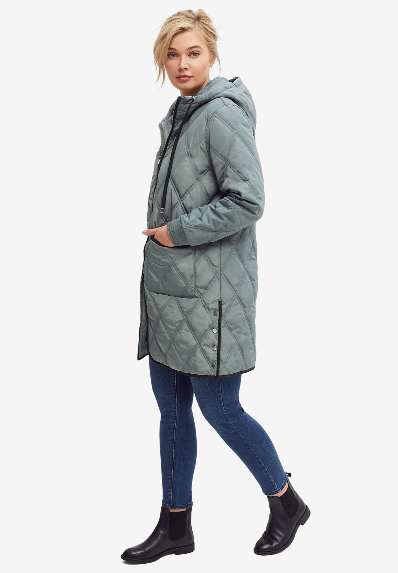 Jessica long length jacket clearance with shawl collar hood